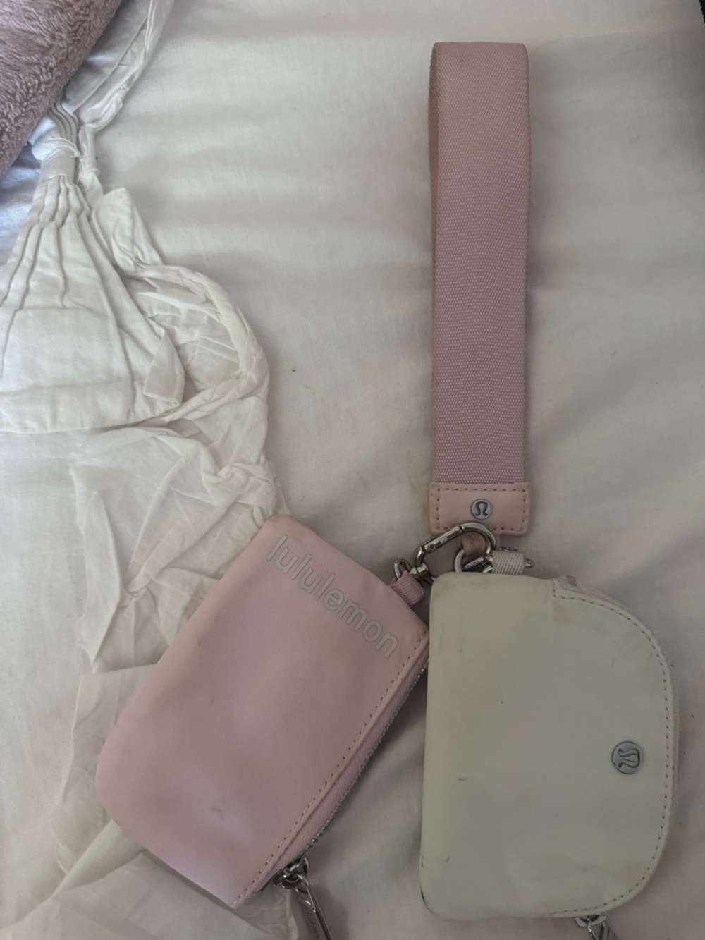 Lululemon Dual Pouch Wristlet Wallet Keychain - Pink and White Silver - Picture 2 of 10